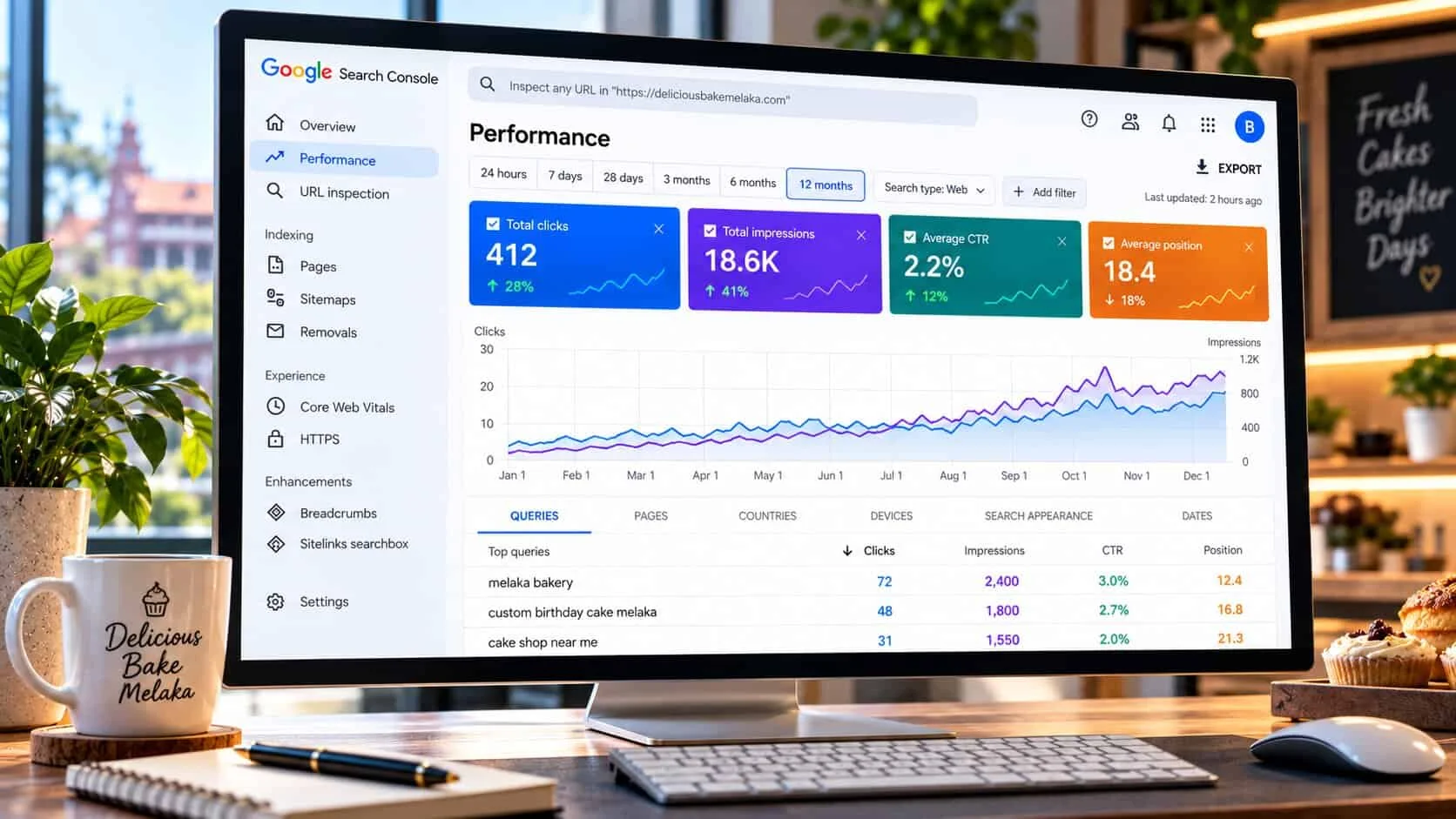 A bakery desk monitor showing the Search Console Performance report for an illustrative Melaka bakery: 412 clicks, 18.6K impressions, 2.2% average CTR and average position 18.4