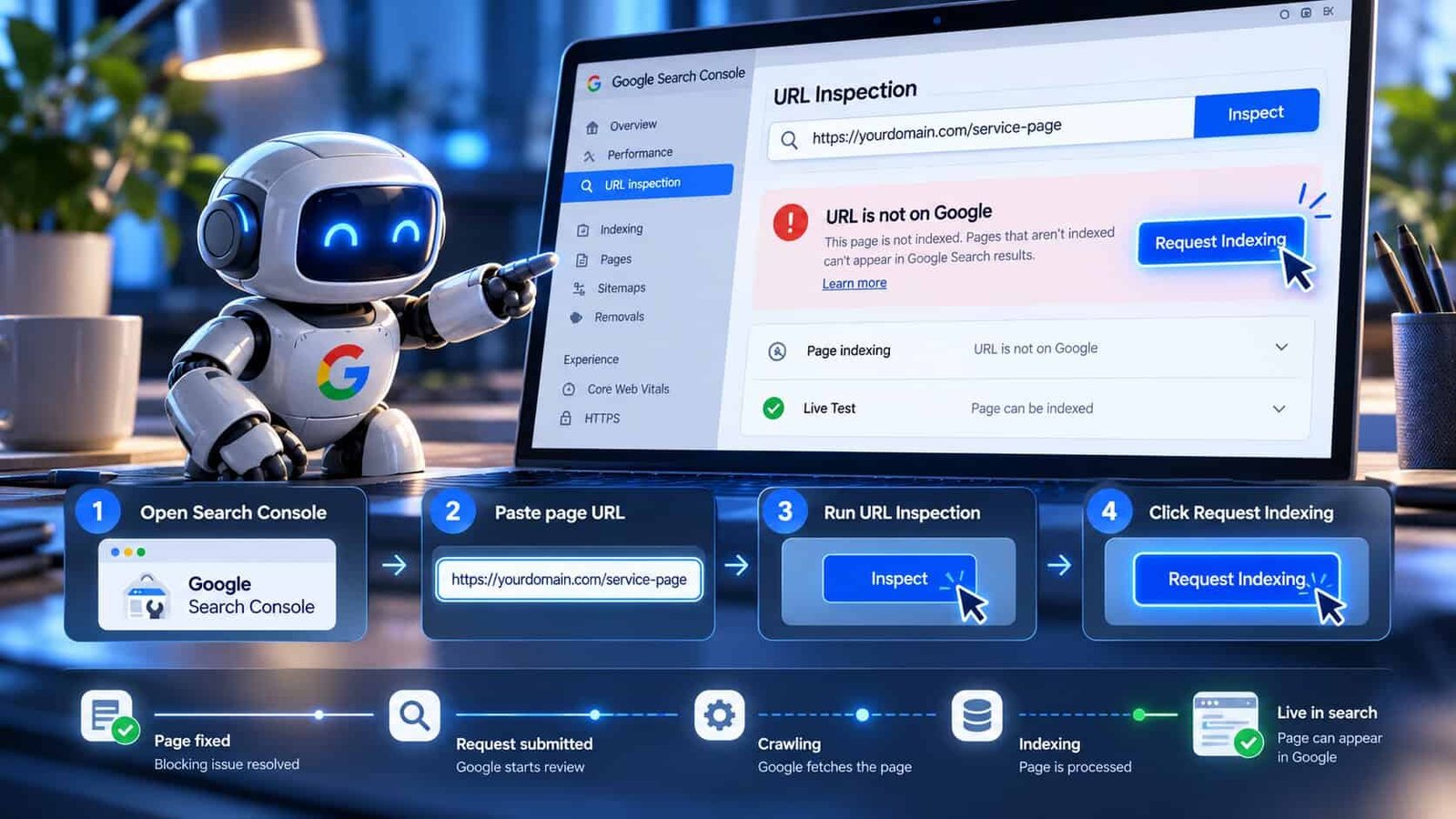 Google Search Console URL Inspection showing a service page marked URL is not on Google with the Request Indexing button highlighted, above four steps — open Search Console, paste the page URL, run inspection, click Request Indexing — and a timeline from page fixed to live in search