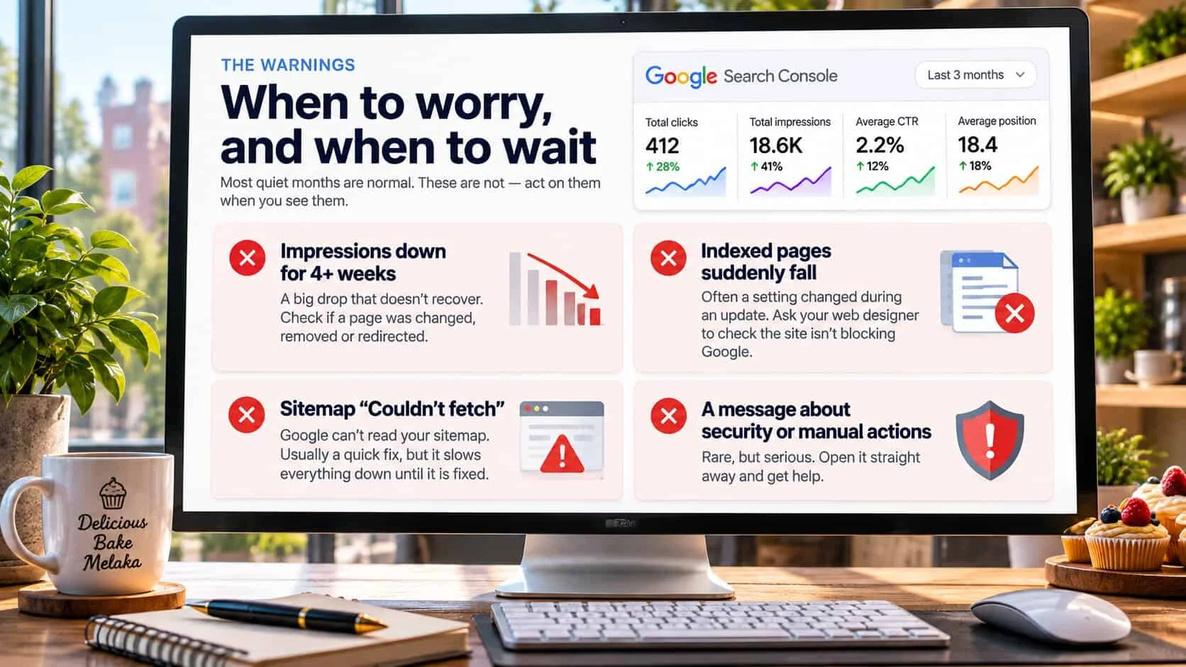A bakery desk monitor showing four Search Console warning signs for an illustrative Melaka bakery: impressions down for 4+ weeks, indexed pages suddenly fall, sitemap couldn't fetch, and a message about security or manual actions