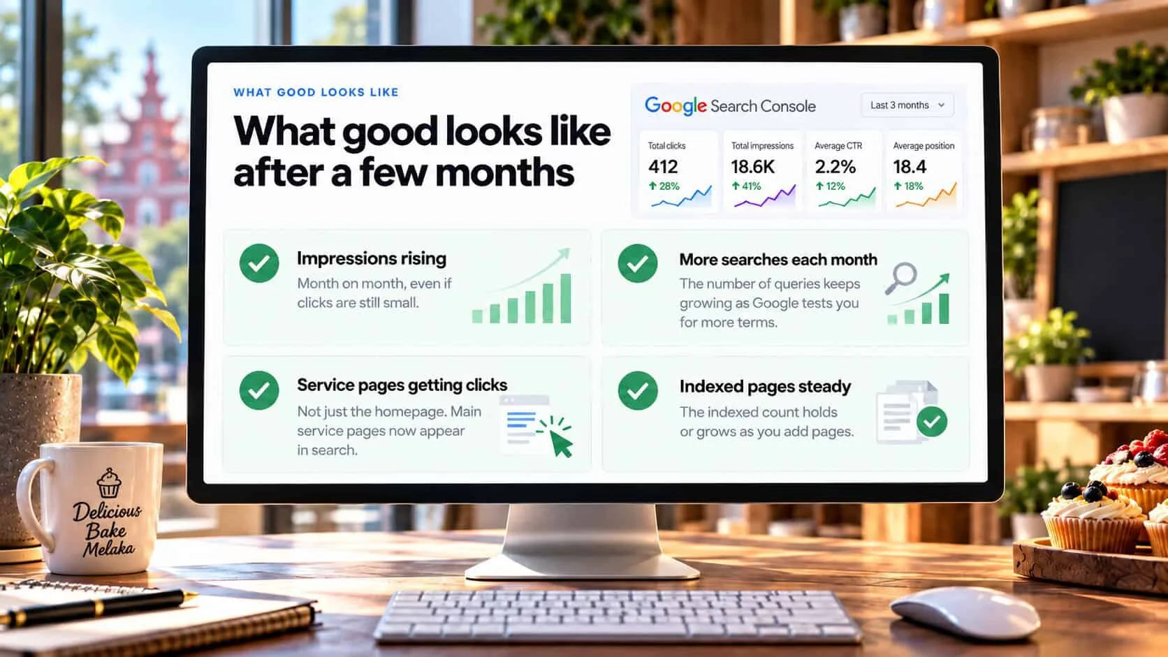 A bakery desk monitor showing what good looks like after a few months in Search Console for an illustrative Melaka bakery: 412 clicks, 18.6K impressions, 2.2% CTR, position 18.4, with impressions rising, more searches each month, service pages getting clicks and indexed pages steady