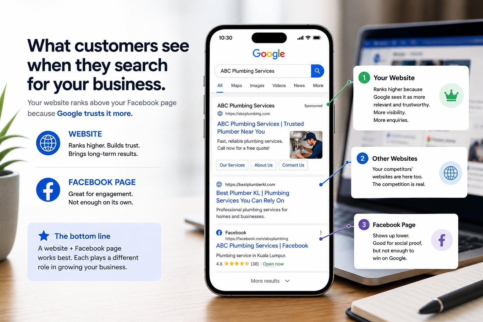 A phone showing Google results for ABC Plumbing Services — the business website ranks first as the most relevant and trustworthy result, competitor websites follow, and the Facebook page appears lower down with a 4.6 star rating