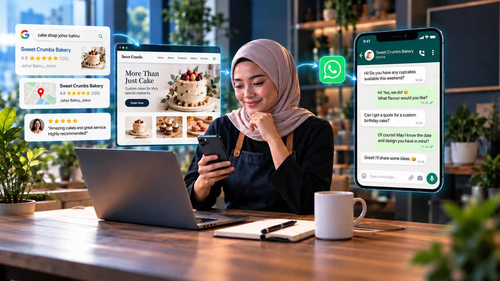 The path a customer actually takes: a Google search for cake shop johor bahru showing a 4.9-star map listing and a review, an arrow to the bakery's website, then an arrow to a WhatsApp chat where the owner is quoting a custom cake