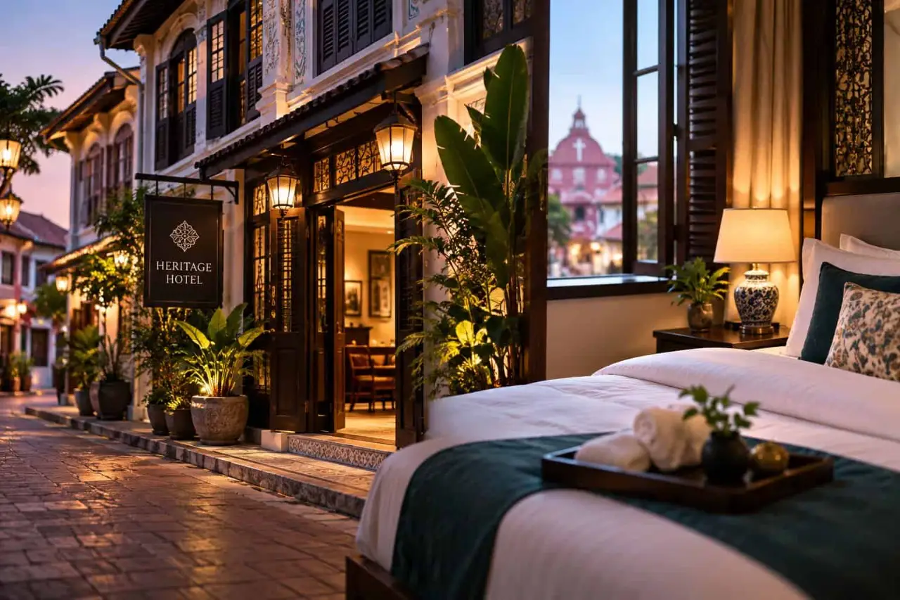 Heritage boutique hotel in Melaka at dusk — lantern-lit Peranakan shophouse entrance beside a guest room with a view of Christ Church