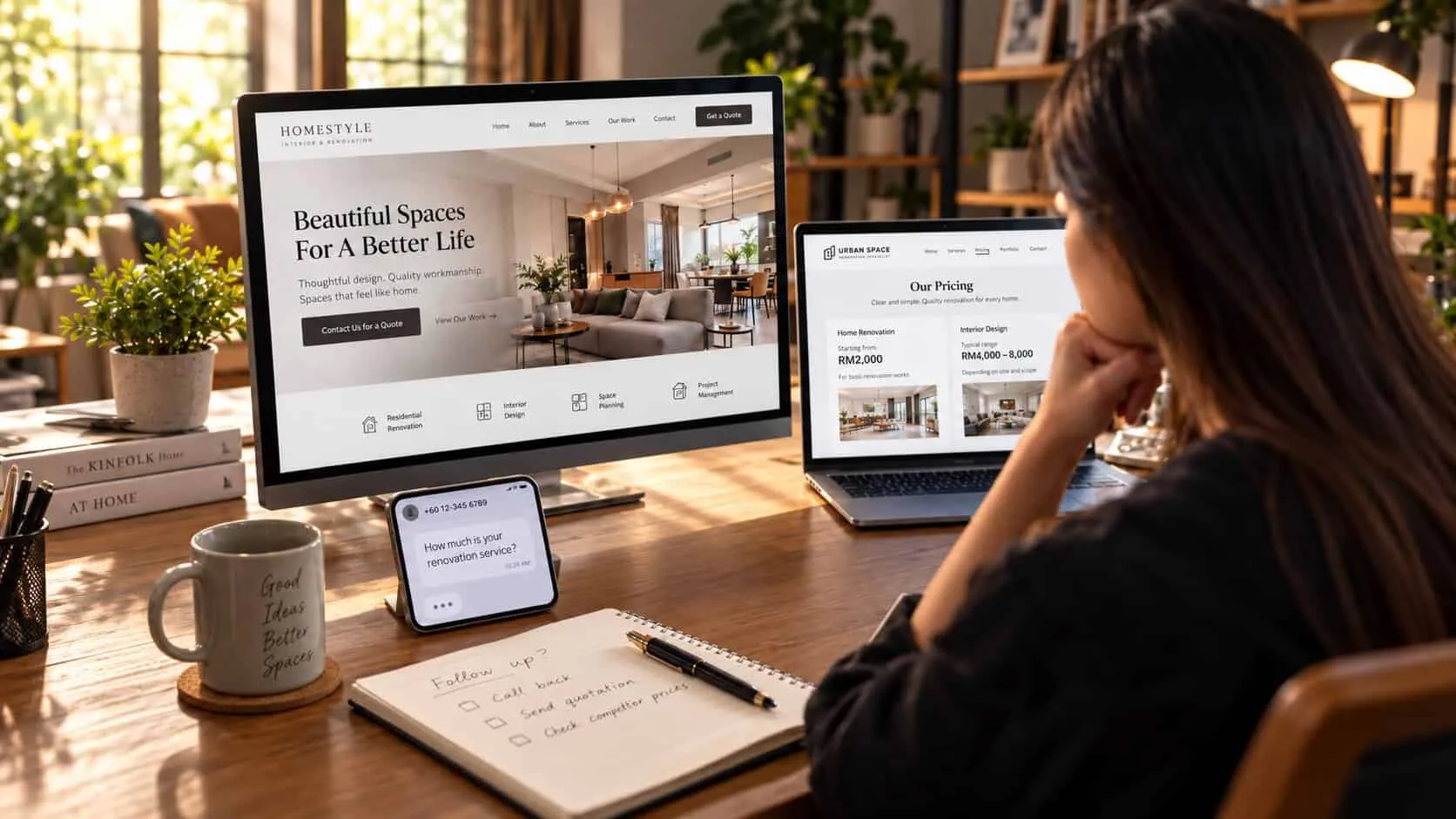A customer comparing two renovation websites: one with only a Contact Us for a Quote button and no prices, the other showing a starting price of RM 2,000 and a typical range of RM 4,000–8,000, while her phone shows a How much is your renovation service? message and her notebook reads check competitor prices