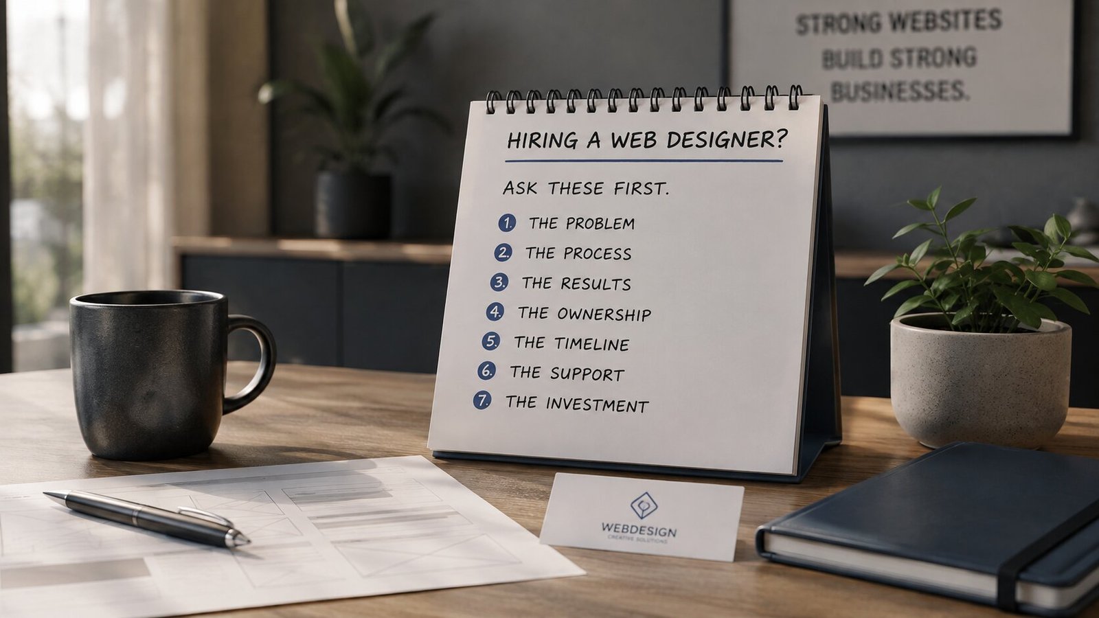 A desk flip chart headed hiring a web designer, ask these first, listing problem, process, results, ownership, timeline, support and investment