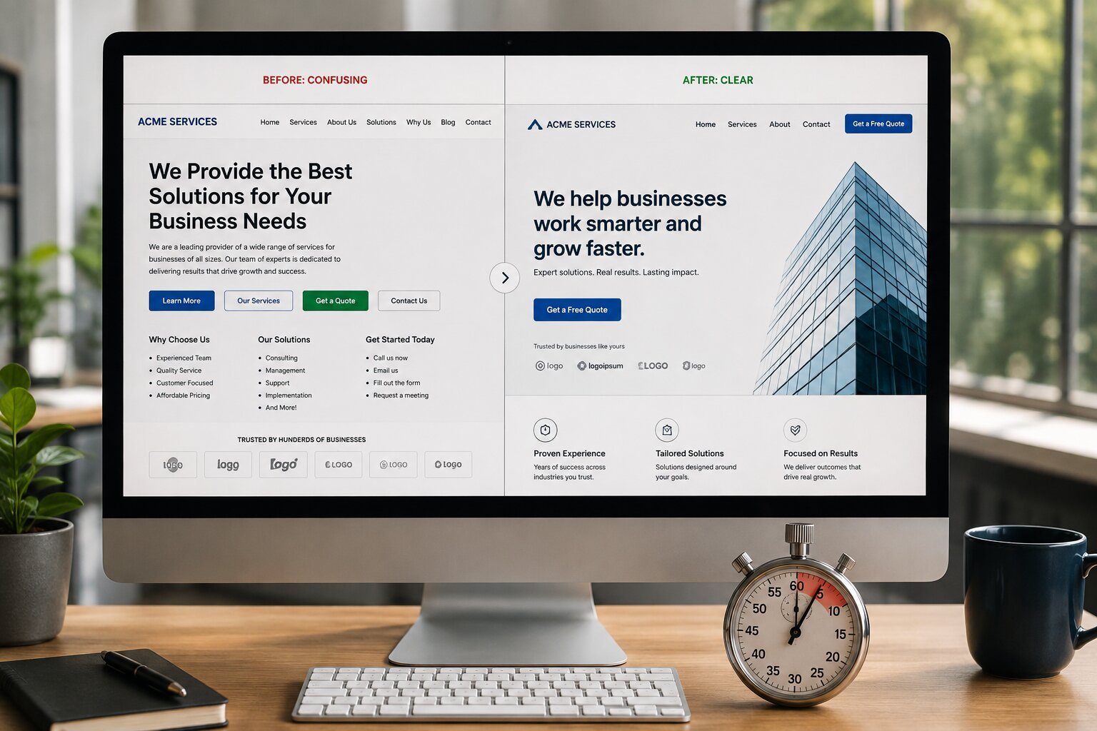 A split screen comparing a confusing homepage with four competing buttons against a clear homepage with one headline and a single call to action