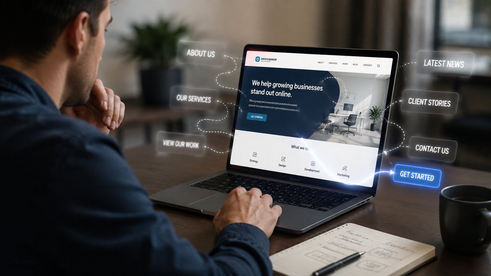 A small business owner reviewing his homepage while six equally weighted navigation options compete with one clear Get Started call to action