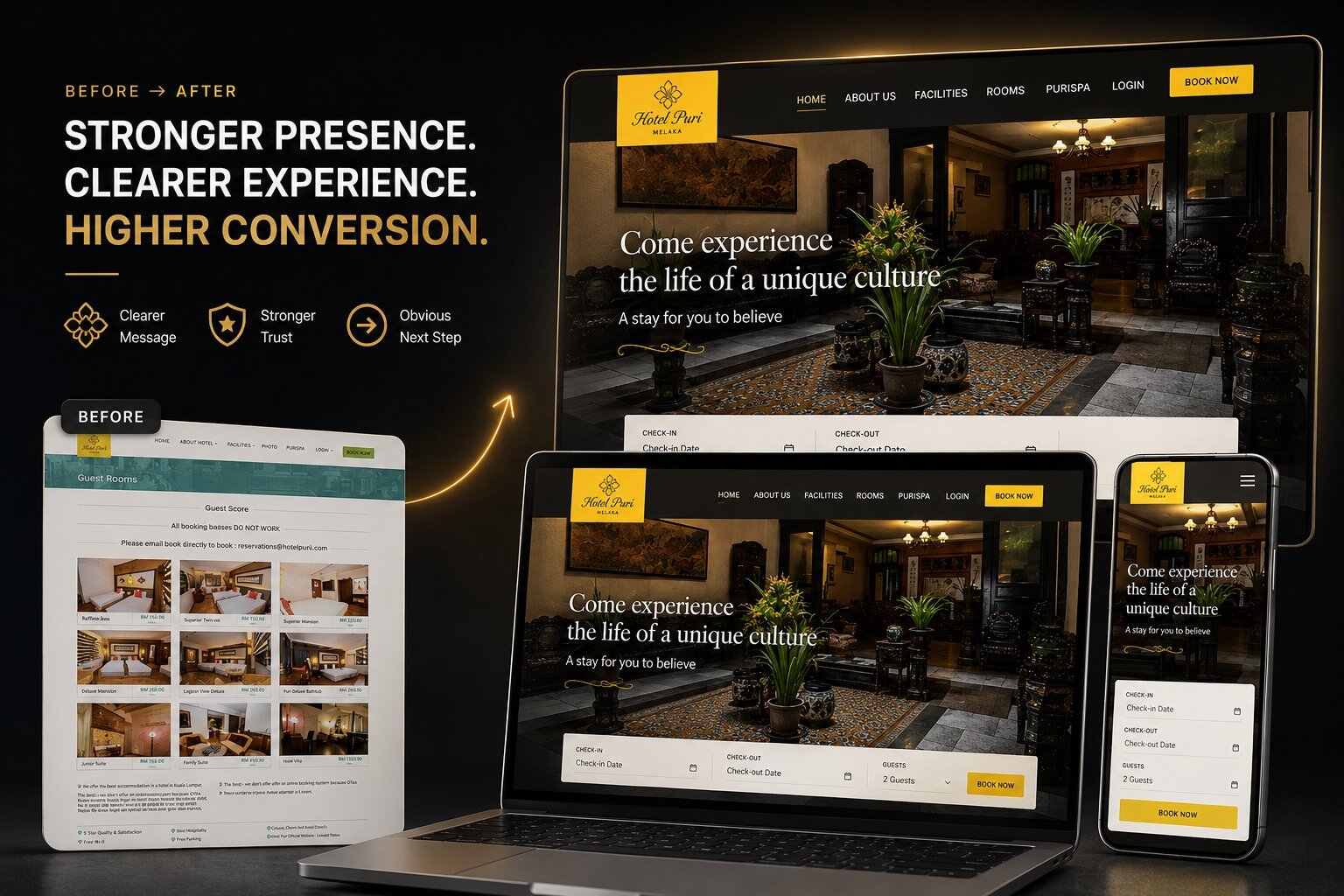 Hotel Puri Melaka website before and after the conversion redesign — stronger presence, clearer experience, direct booking