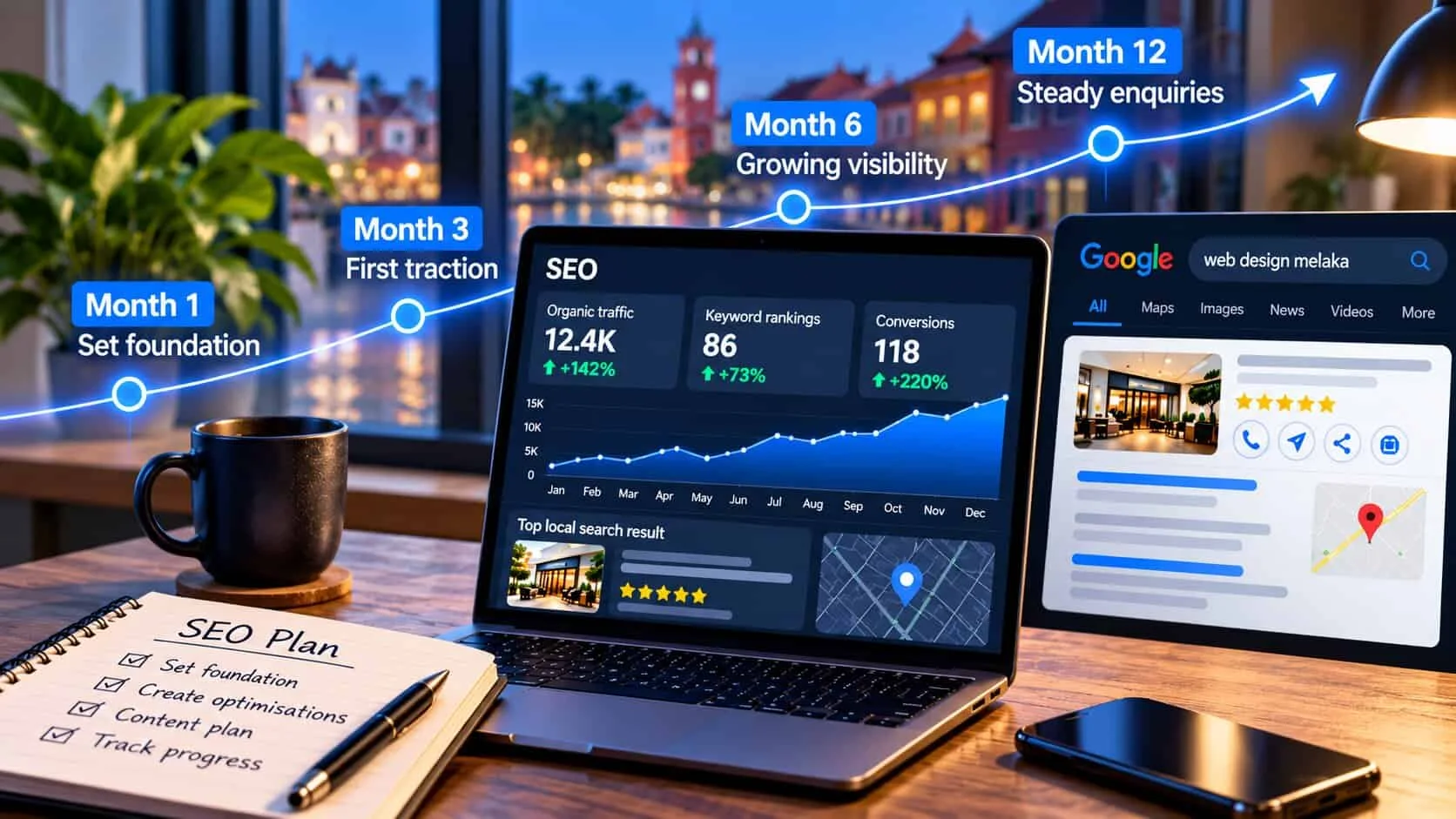 A desk by a window overlooking Melaka’s red clock tower at dusk, with a laptop showing an SEO dashboard of organic traffic rising from January to December, a tablet showing a Google search for web design melaka with a five-star local listing, and a glowing timeline above: month 1 set foundation, month 3 first traction, month 6 growing visibility, month 12 steady enquiries