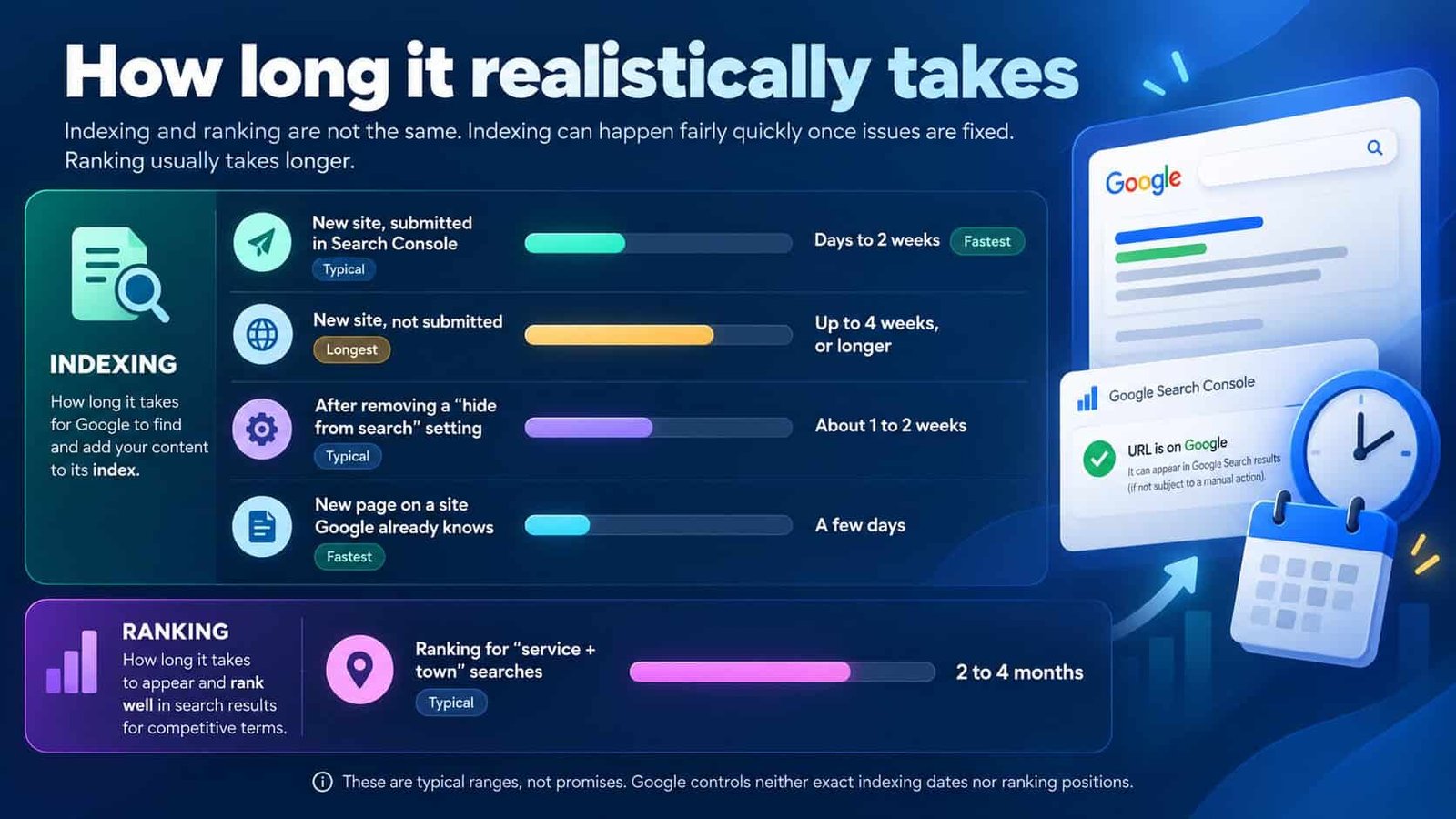 Timeline chart of how long Google takes: a new site submitted in Search Console is indexed in days to two weeks, a new site not submitted up to four weeks or longer, about one to two weeks after removing a hide from search setting, a few days for a new page, and two to four months to rank for service plus town searches