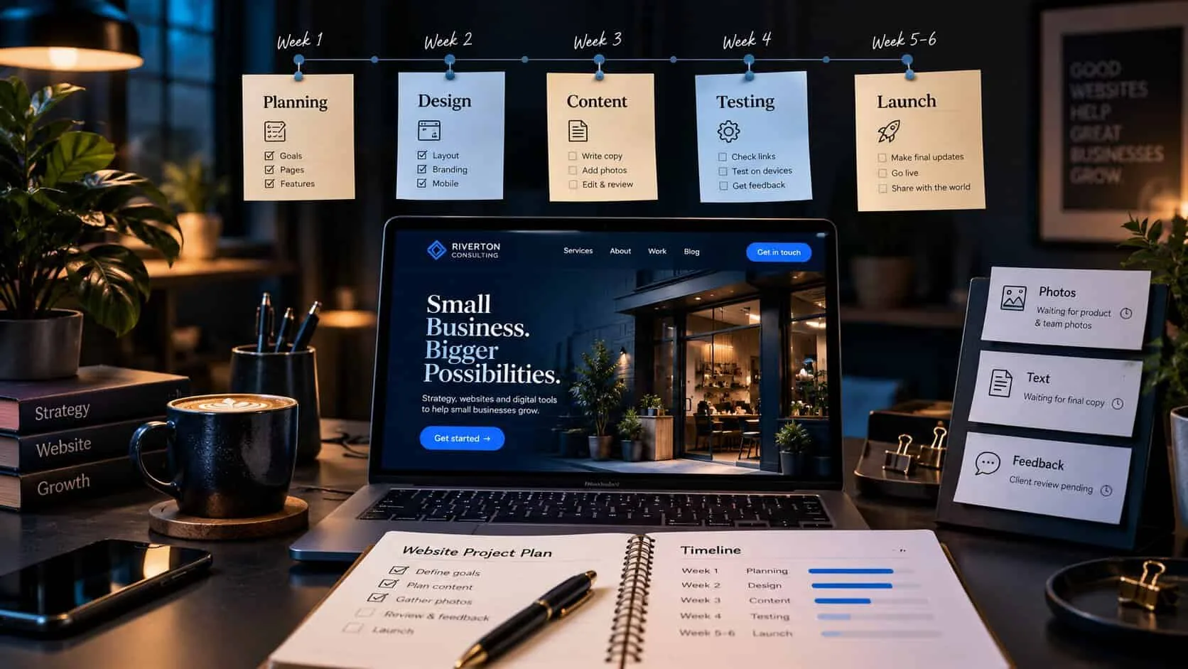 A small business website project plan on a desk: sticky notes for week 1 planning, week 2 design, week 3 content, week 4 testing and weeks 5–6 launch above a laptop, with cards showing photos, text and feedback still waiting from the owner