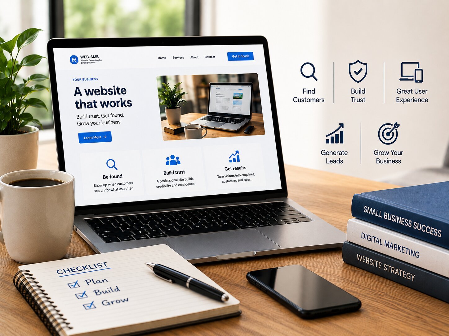 A small business website on a laptop reading a website that works — build trust, get found, grow your business — with be found, build trust and get results panels, beside a plan build grow checklist notebook and books on small business success, digital marketing and website strategy