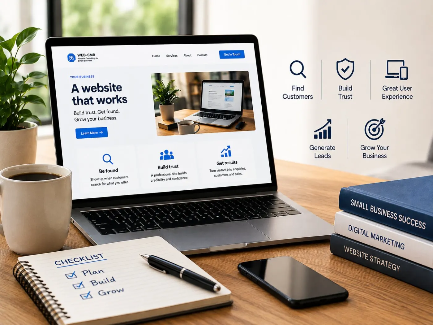 A small business website shown on a laptop beside notes on build trust, get found and grow your business