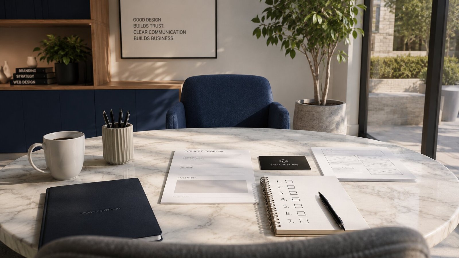 A meeting table with a design portfolio, project proposal, wireframes and a seven-point checklist under a print reading good design builds trust, clear communication builds business