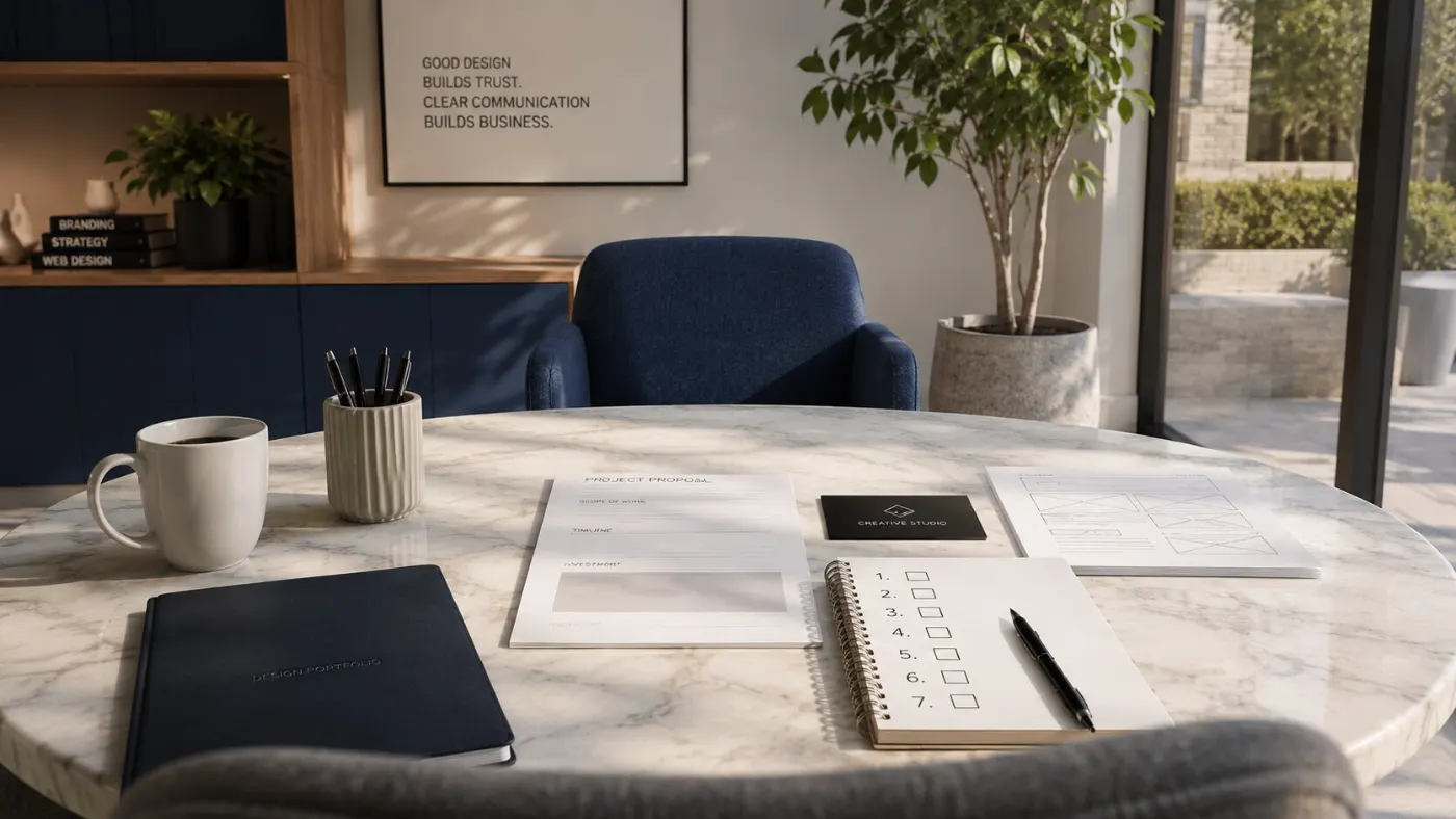 A meeting table with a design portfolio, project proposal and a seven-point hiring checklist for choosing a small business web designer