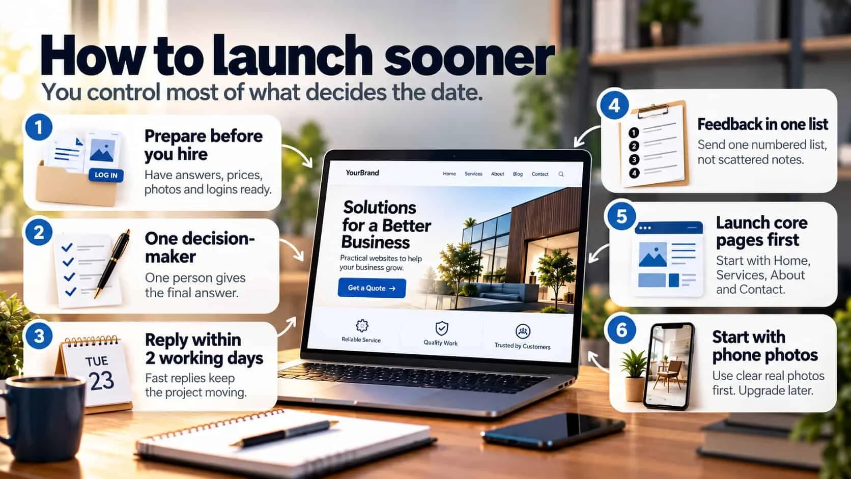 Infographic of six ways to launch a small business website sooner: prepare answers, prices, photos and logins before you hire; one decision-maker; reply within two working days; send feedback in one numbered list; launch the core pages first; and start with real phone photos
