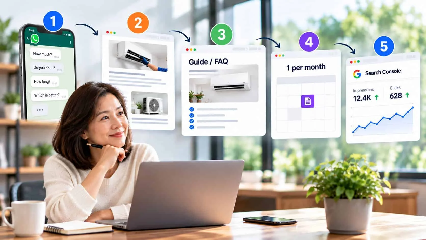 A business owner at her laptop planning five steps: customer questions from WhatsApp, a service page, a guide or FAQ page, one page per month on a calendar, and Search Console showing impressions and clicks rising