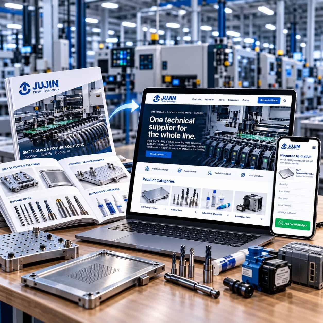 Industrial supplier website concept — a printed SMT tooling catalogue beside a laptop showing product categories and a phone with a Request a Quotation form and WhatsApp button