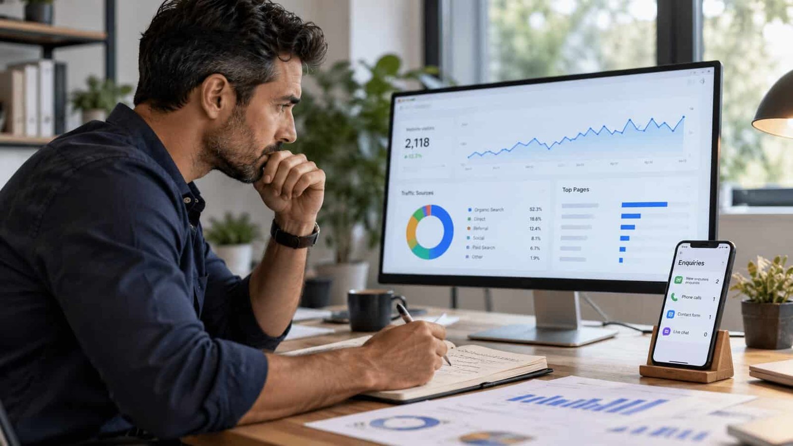 A small business owner studying his website analytics showing 2,118 visits and rising traffic, while his phone shows only a handful of enquiries from calls and the contact form