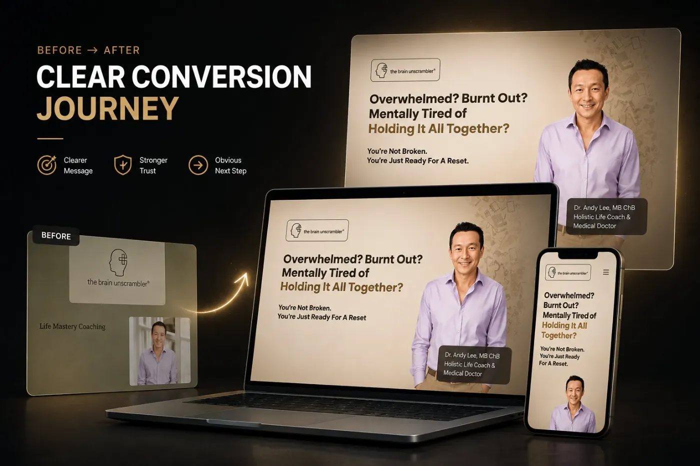 Life Mastery Coaching website before and after the conversion redesign — clearer message, stronger trust, obvious next step