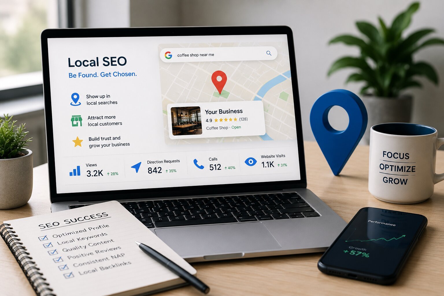 Laptop showing a Google Business Profile dashboard for a coffee shop near me search with a 4.9 star listing and insights for views, direction requests, calls and website visits