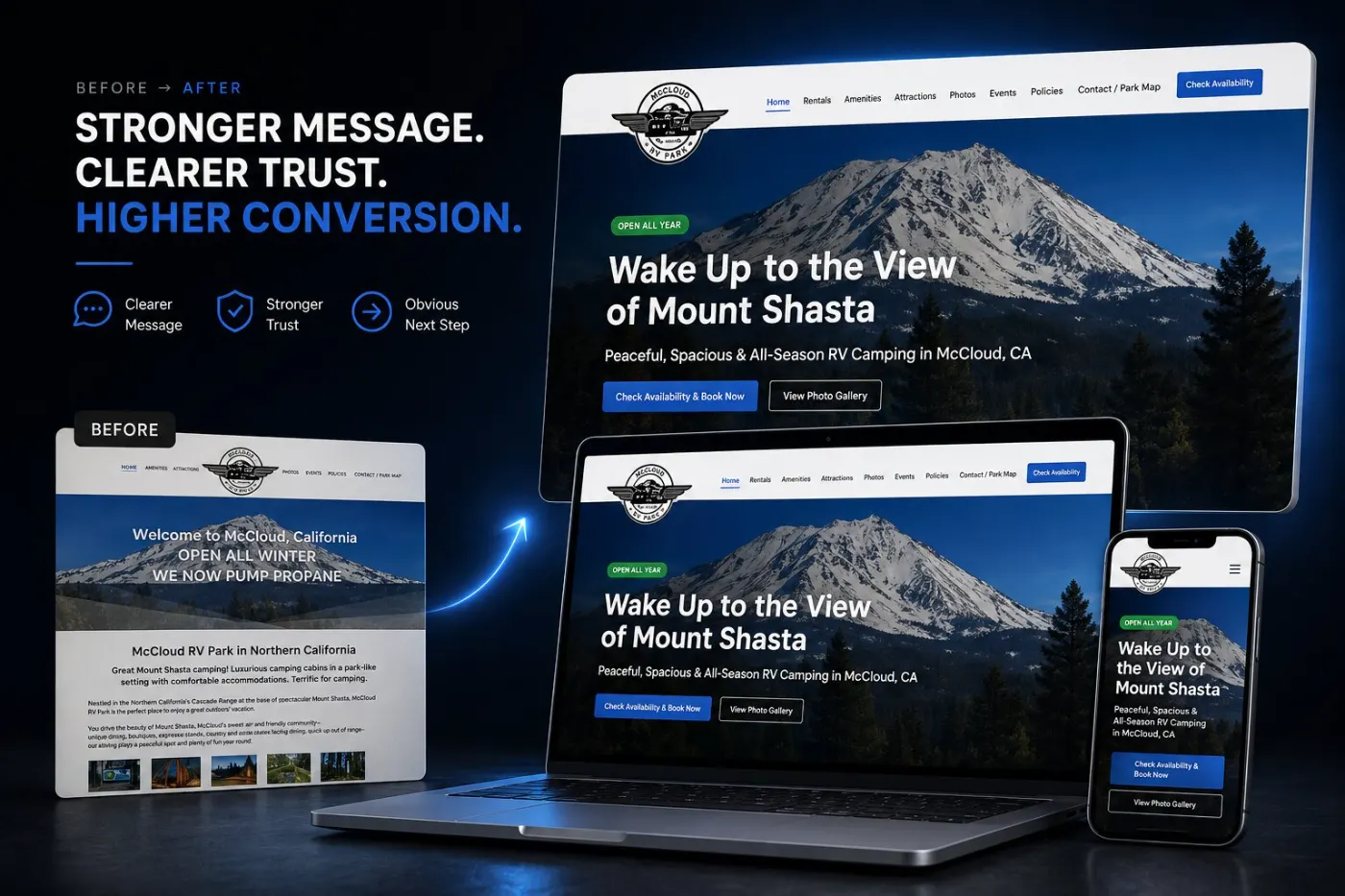 McCloud RV Park website before and after — booking made simple on mobile