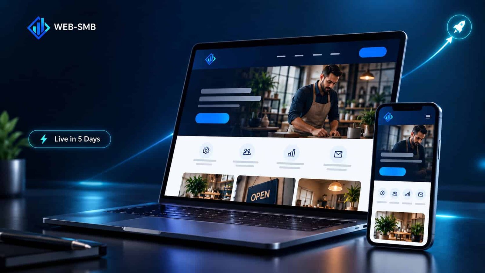 One-page small business website for USD 500 shown on a laptop and phone — a single scrolling page with a headline, hero photo of the owner at work, four service icons and a contact button, badged “Live in 5 Days”