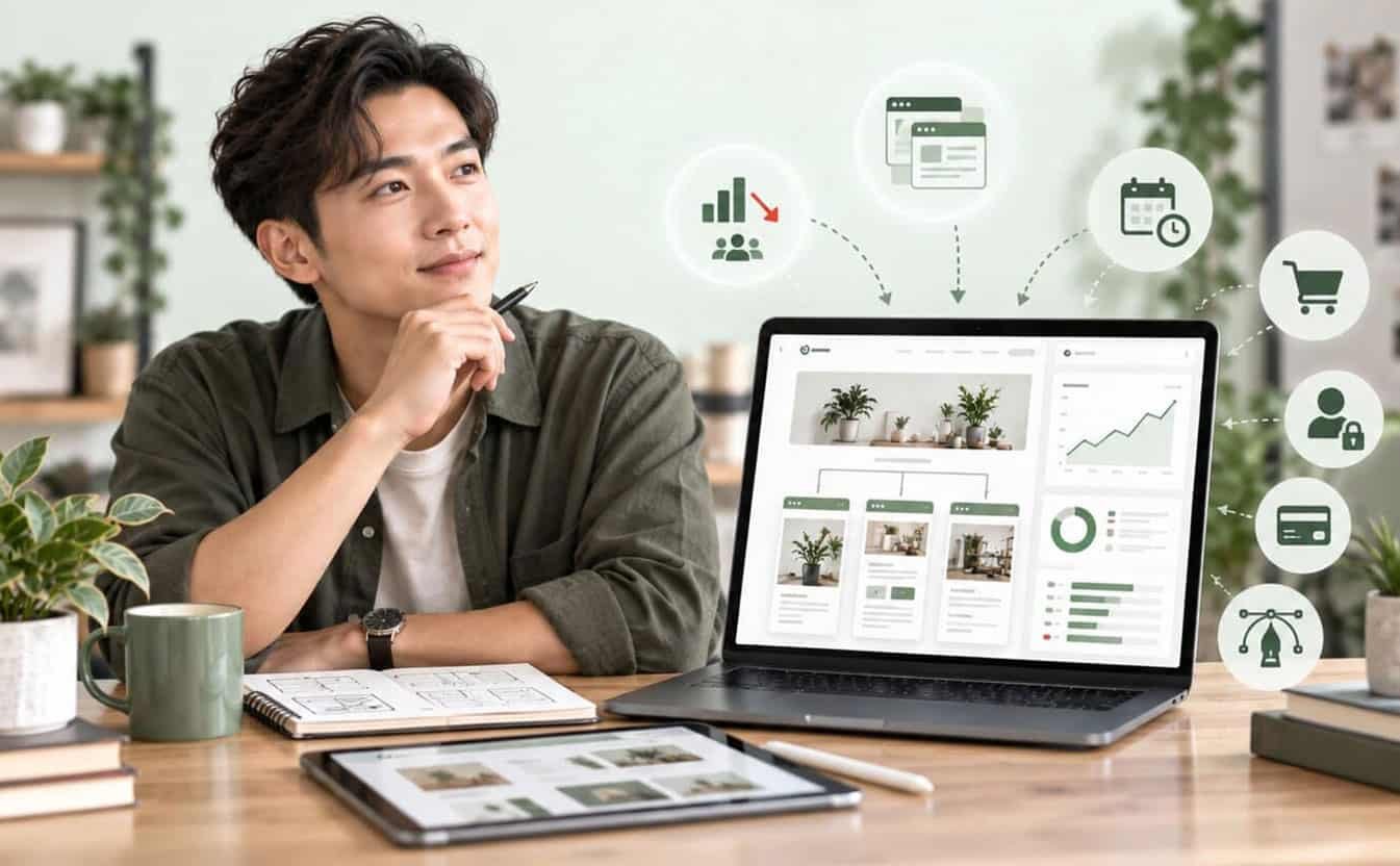 Business owner at a desk thinking, beside a laptop showing a multi-page website with an analytics dashboard, ringed by icons for extra pages, bookings, a shop, customer logins, payments and custom design — work that needs a full build