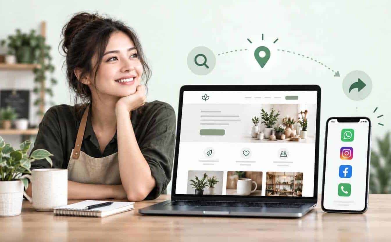 Smiling small business owner in an apron at her plant shop counter, beside a laptop showing her new one-page website and a phone with WhatsApp, Instagram, Facebook and call buttons, with search, map-pin and share icons arcing above