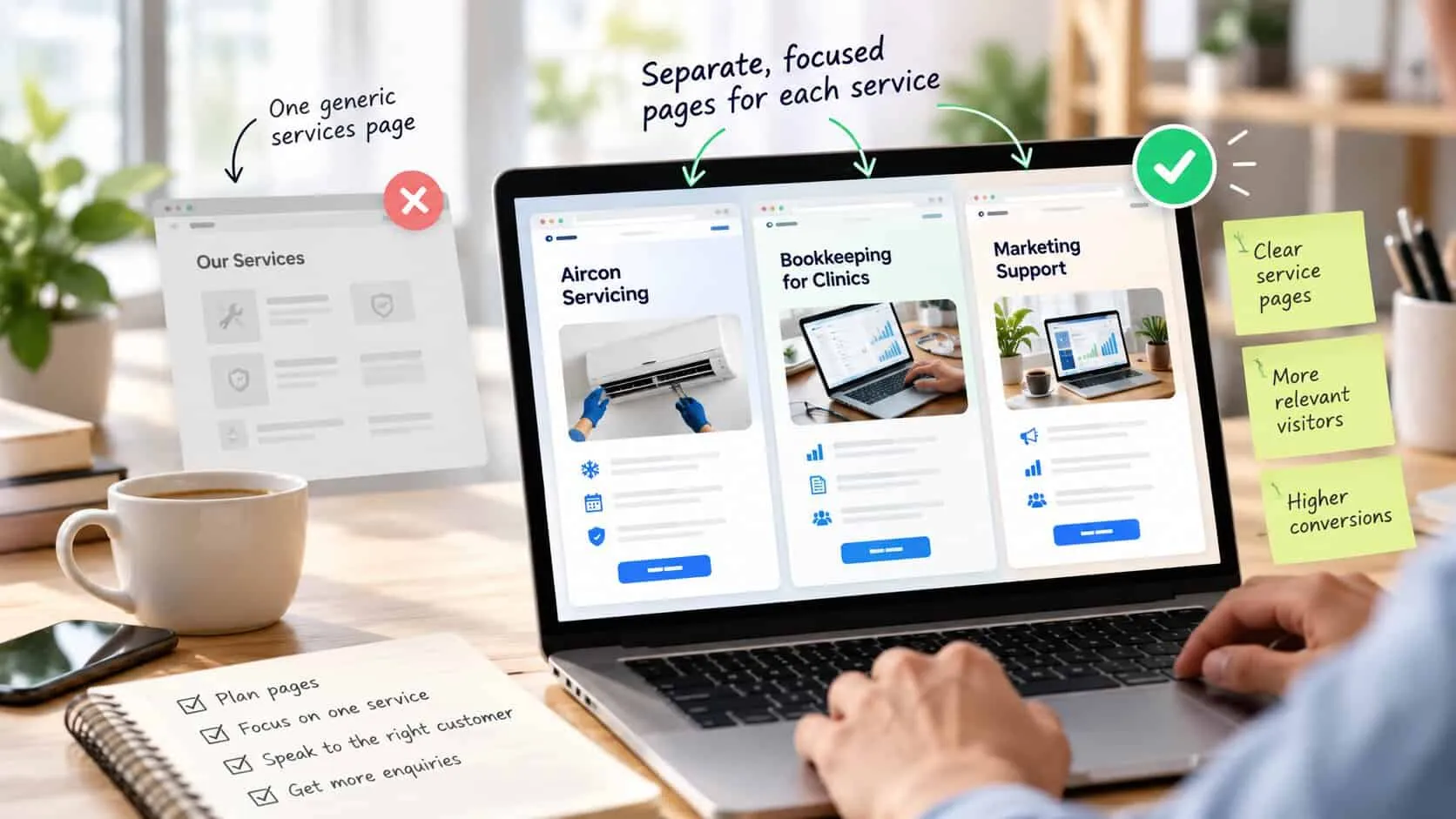 A laptop showing three separate service pages for aircon servicing, bookkeeping for clinics and marketing support, replacing one generic Our Services page, with notes reading clear service pages, more relevant visitors and higher conversions