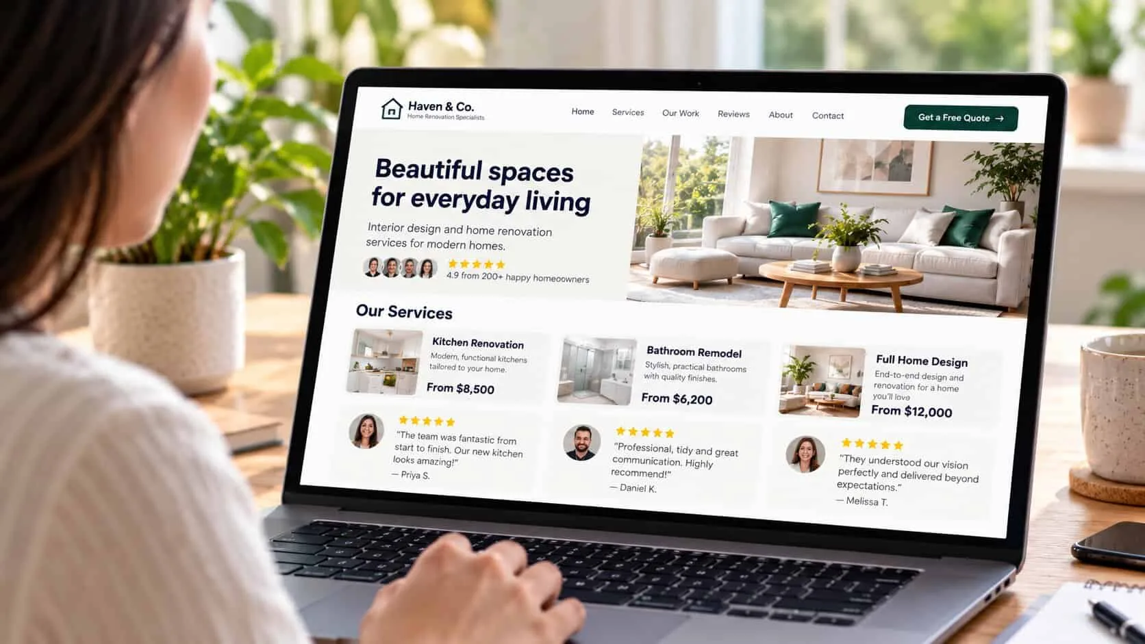 A woman viewing a home renovation website where each service card shows a starting price, with a named five-star client review directly beneath each service, and a 4.9 rating from 200+ homeowners under the headline