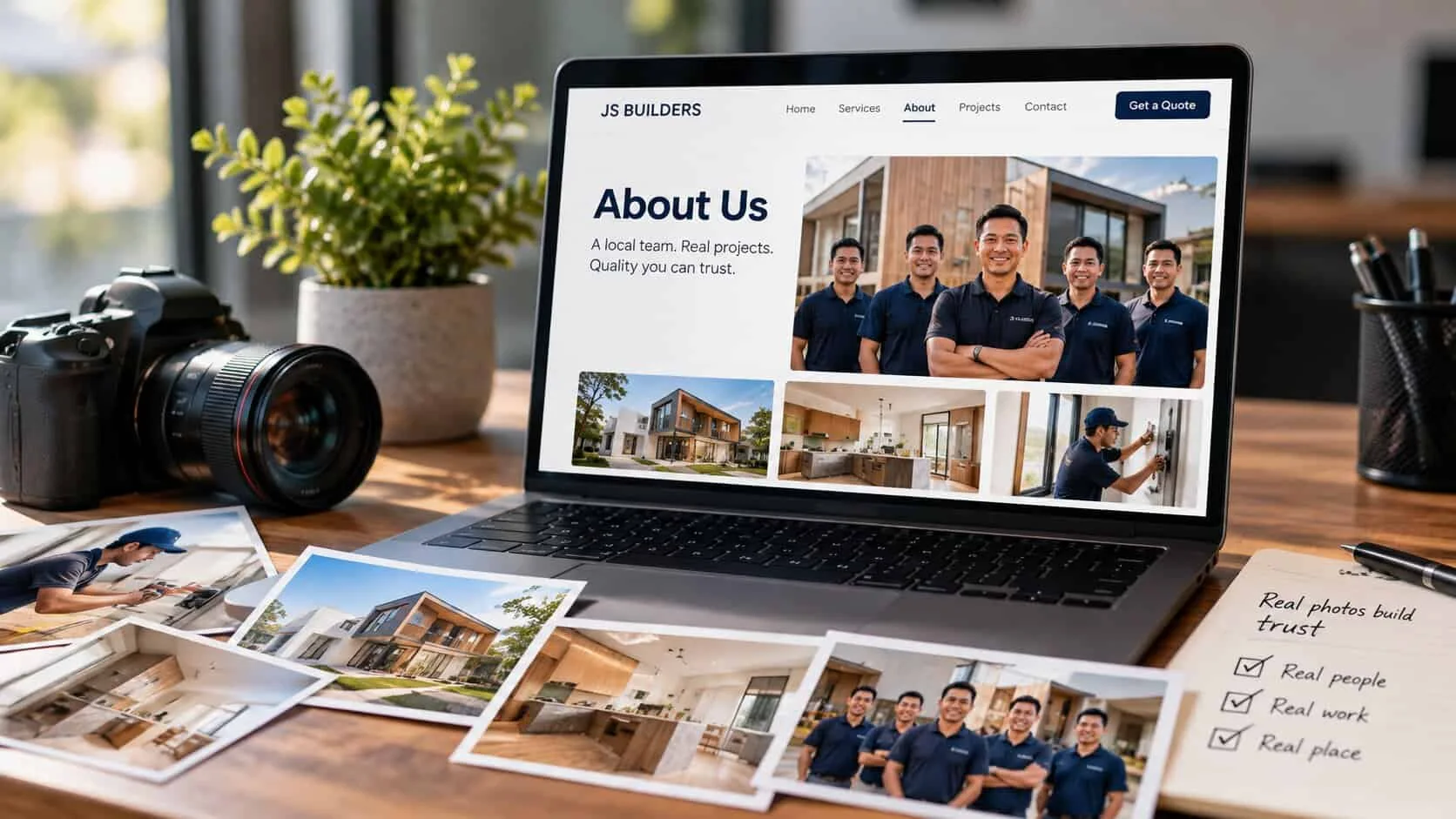 A builder’s About Us page on a laptop showing a real photo of the five-person team in matching company shirts, with thumbnails of their finished houses, a kitchen and a worker on site, beside printed project photos and a notebook reading Real photos build trust: real people, real work, real place