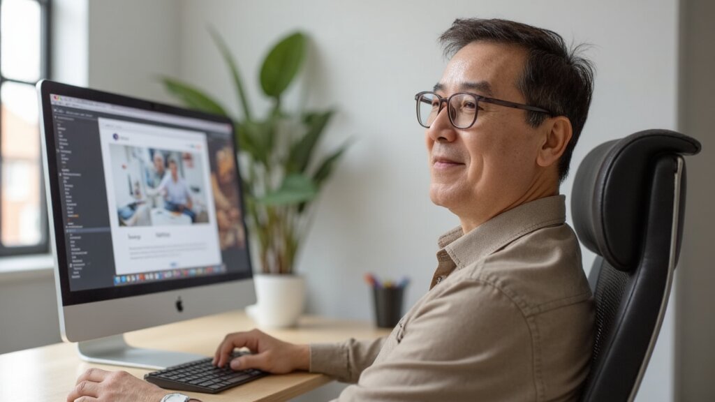 Richerd Ho, small business web conversion strategist, reviewing a client homepage on a desktop monitor