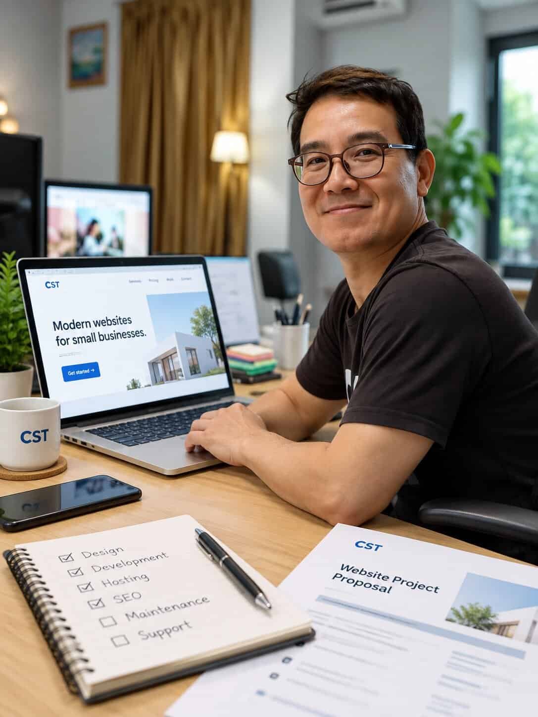 Richerd Ho, small business website consultant, at his desk with a laptop showing a modern small business homepage and a website project proposal