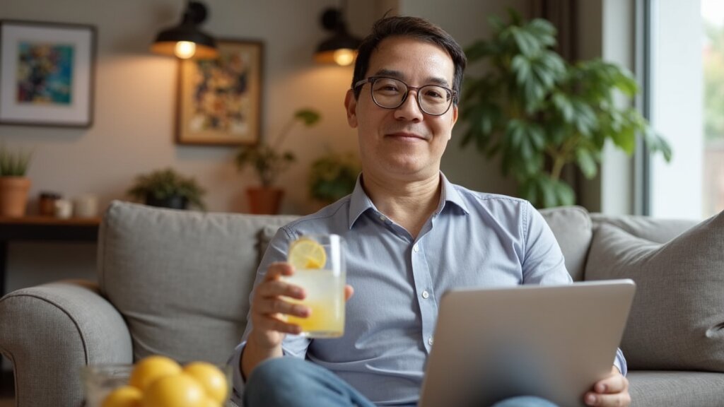 Richerd Ho, small business web consultant, sitting on a sofa at home with a laptop and a glass of lemonade