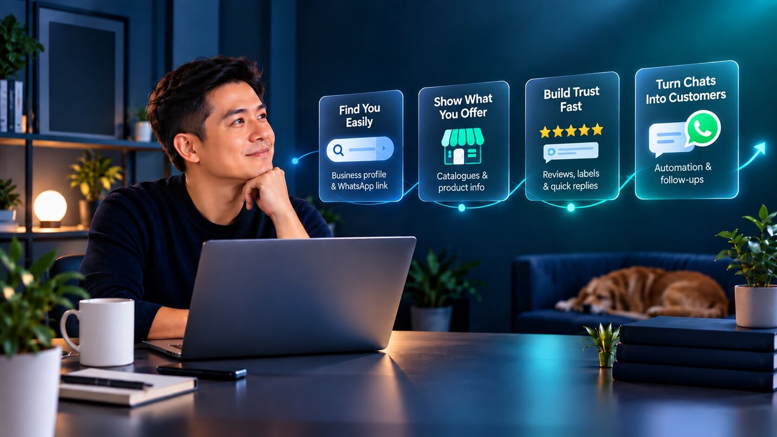 A small business owner beside four glowing cards covering being found, showing what he offers, building trust with reviews, and turning chats into customers