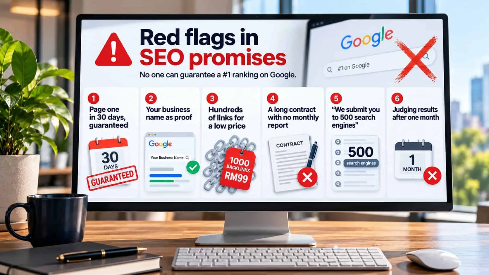 Infographic titled Red flags in SEO promises, with a crossed-out #1 on Google search and six warnings: page one in 30 days guaranteed, your business name as proof, hundreds of links for a low price such as 1,000 backlinks for RM 99, a long contract with no monthly report, we submit you to 500 search engines, and judging results after one month