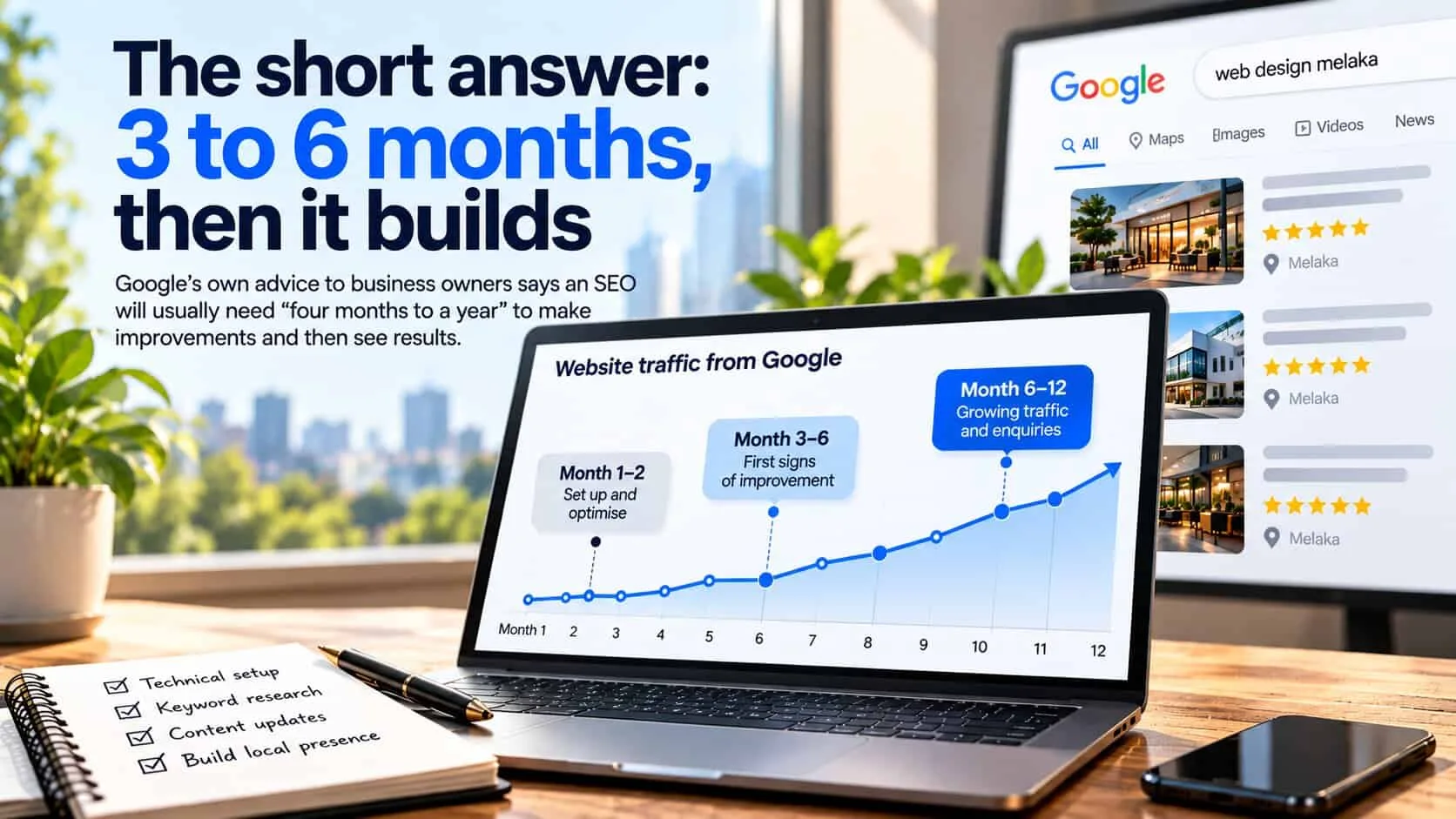 Infographic reading The short answer: 3 to 6 months, then it builds, with a laptop chart of website traffic from Google rising over 12 months: month 1–2 set up and optimise, month 3–6 first signs of improvement, month 6–12 growing traffic and enquiries, beside a Google search for web design melaka showing five-star Melaka listings