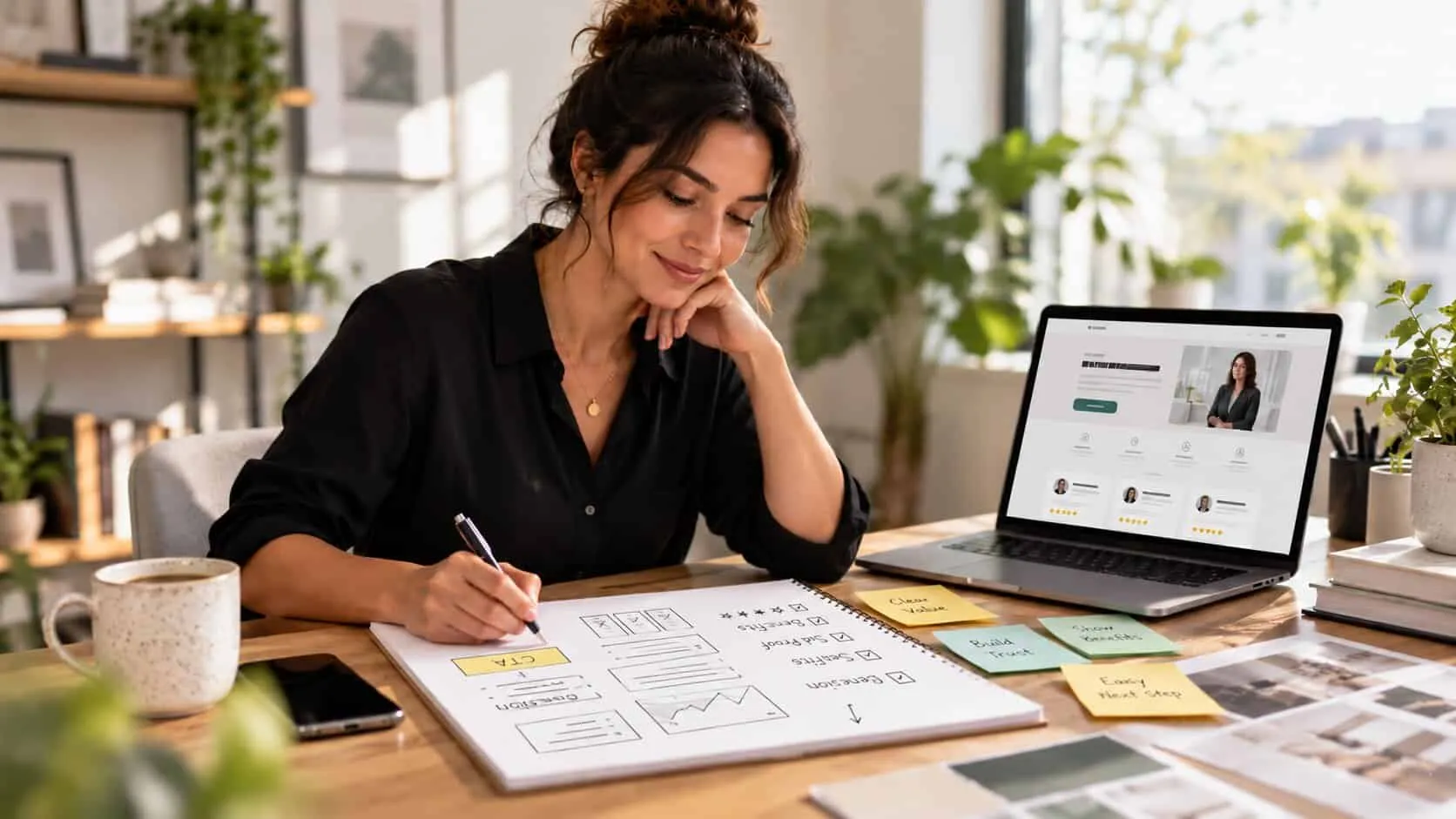 A small business owner sketching a service page wireframe with a call to action, benefits and proof sections, beside sticky notes reading clear value, build trust and easy next step, and a laptop showing the finished page with reviews