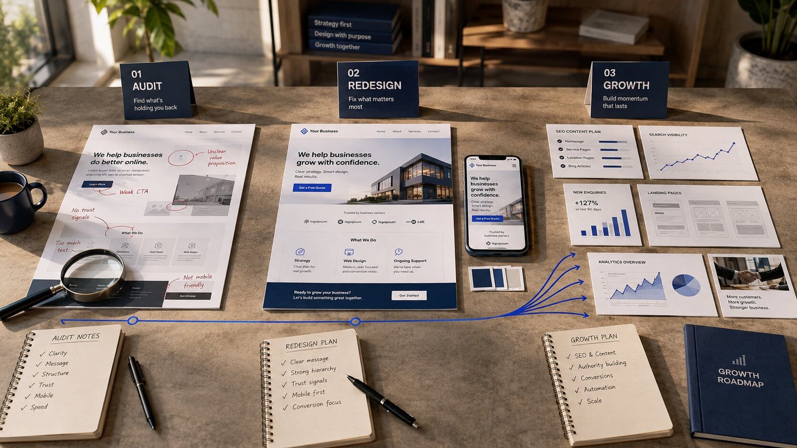 Desk laid out in three stages of a small business website project: an audit marking up an underperforming homepage, a redesigned conversion focused homepage on desktop and mobile, and growth reporting showing SEO plans and a 127% rise in new enquiries