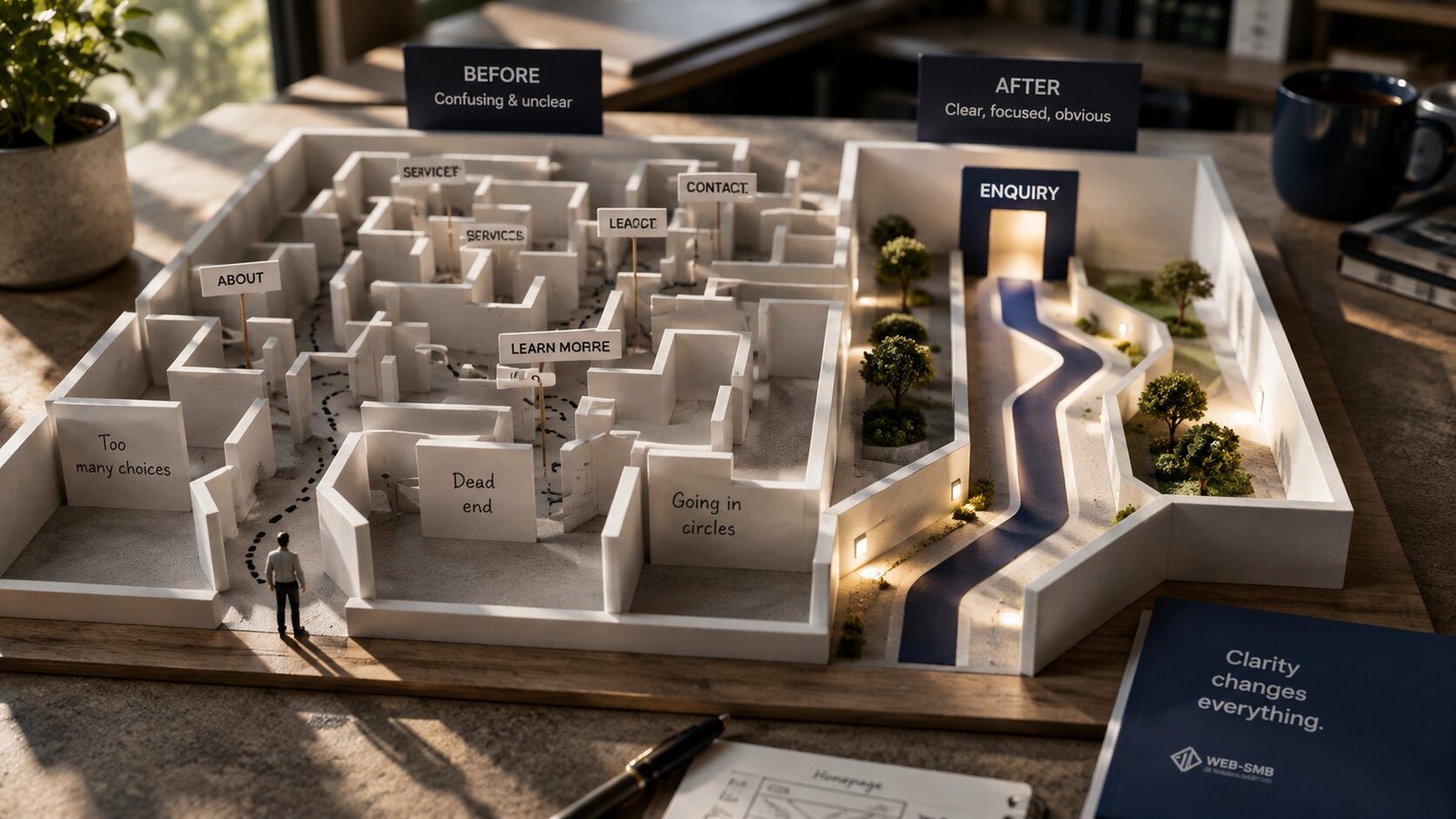 Architectural model contrasting two websites: on the left a confusing maze of dead ends and repeated Services, About and Learn More signs; on the right a single lit path leading straight to an Enquiry doorway