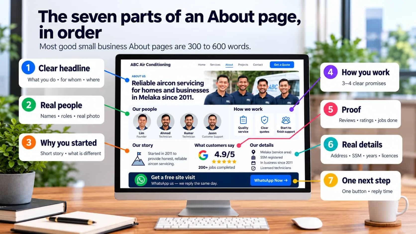 Infographic of the seven parts of a small business About page, shown on an aircon company’s About page: 1 clear headline, 2 real people with names and roles, 3 why you started, 4 how you work, 5 proof with a 4.9/5 Google rating and 200+ jobs, 6 real details like service area, SSM and licences, 7 one next step with a WhatsApp Now button