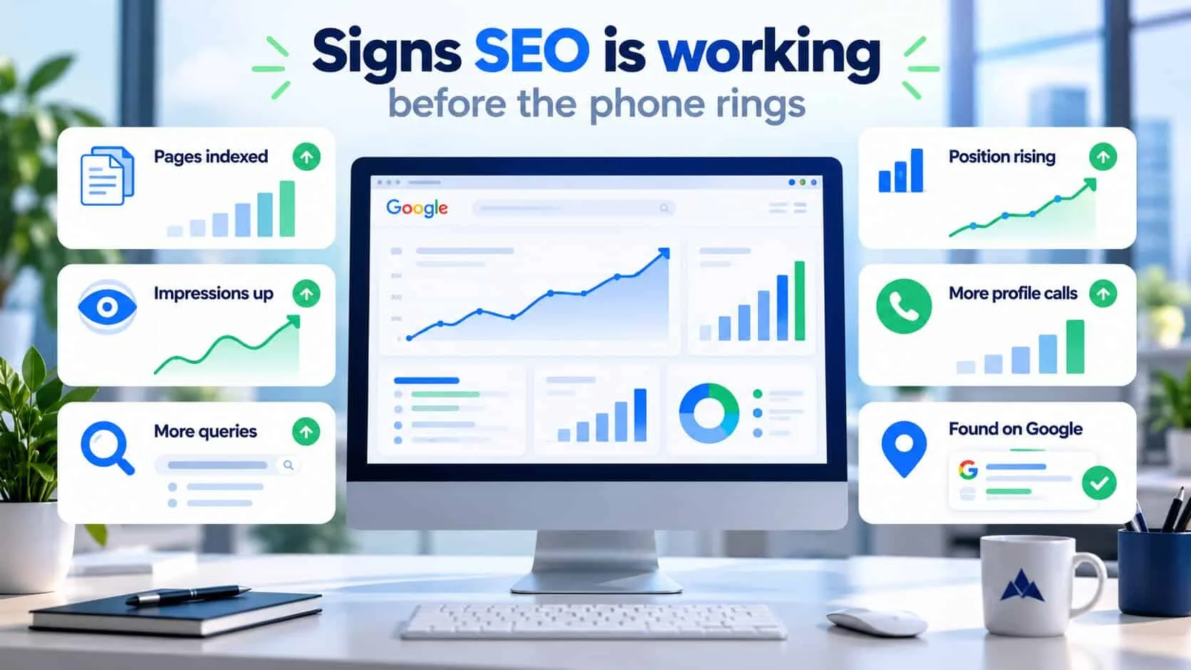 Infographic titled Signs SEO is working before the phone rings, with a desktop monitor showing a rising Google search traffic chart, surrounded by six cards: pages indexed, impressions up, more queries, position rising, more profile calls and found on Google