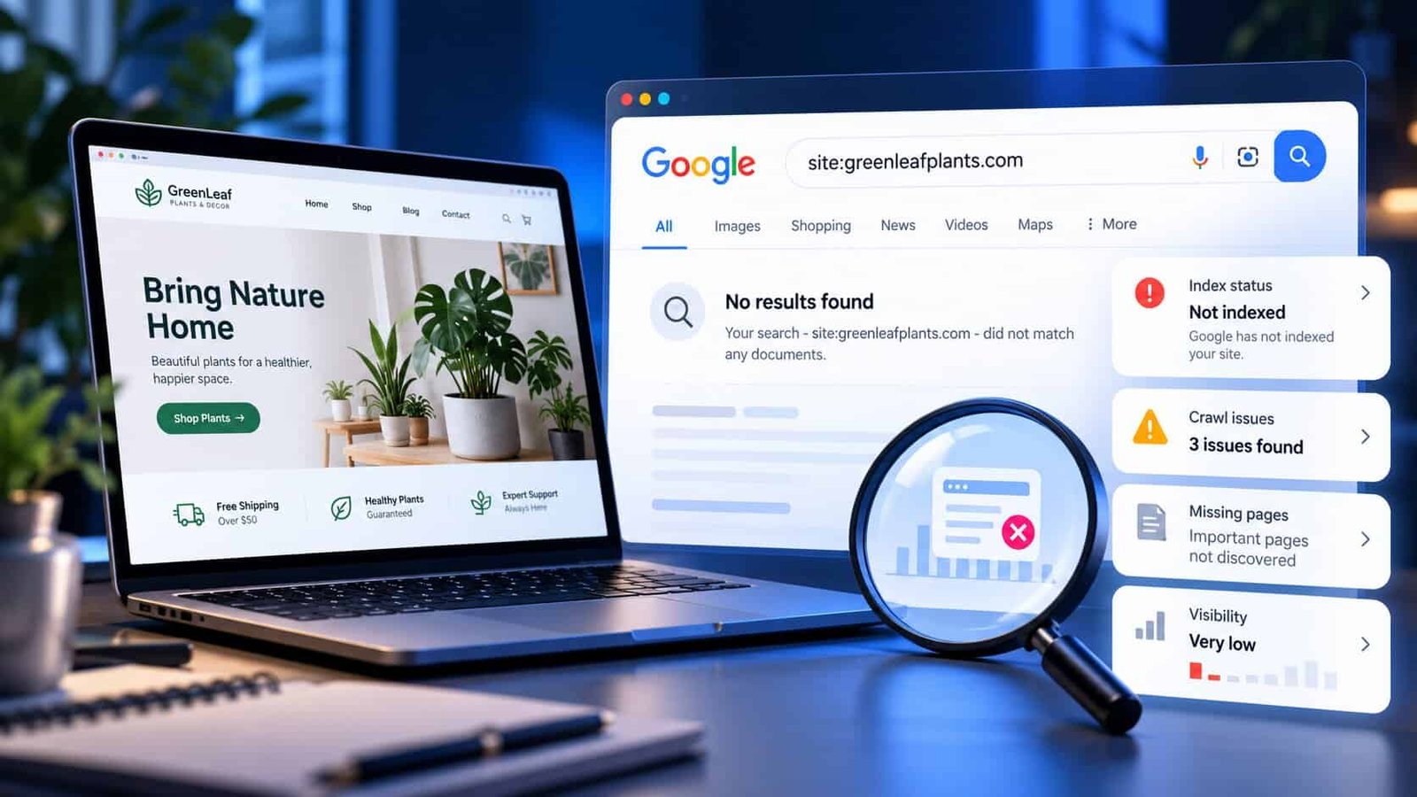 A Google search for site:greenleafplants.com returning no results found beside the business website on a laptop, with status cards showing not indexed, three crawl issues, missing pages and very low visibility
