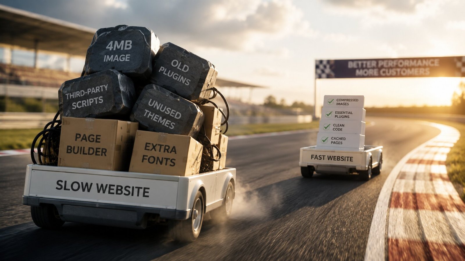 A slow website shopping cart weighed down by 4MB images, old plugins and extra fonts racing against a light, fast-loading website