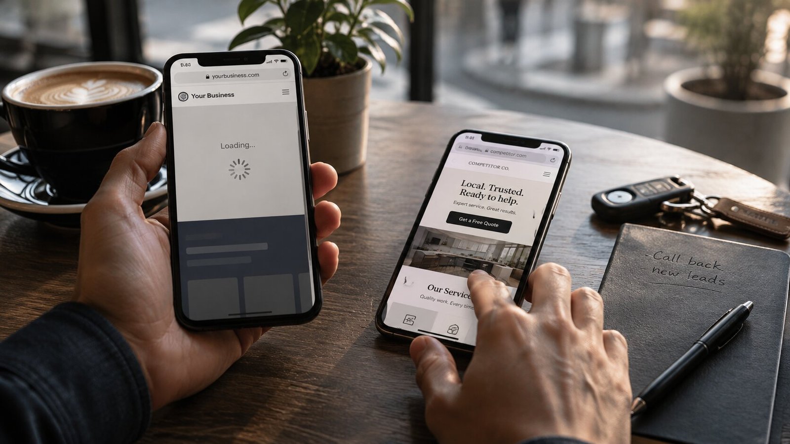 Two phones side by side: one still showing a loading spinner on a small business site, the other already showing a competitor homepage with a get a free quote button