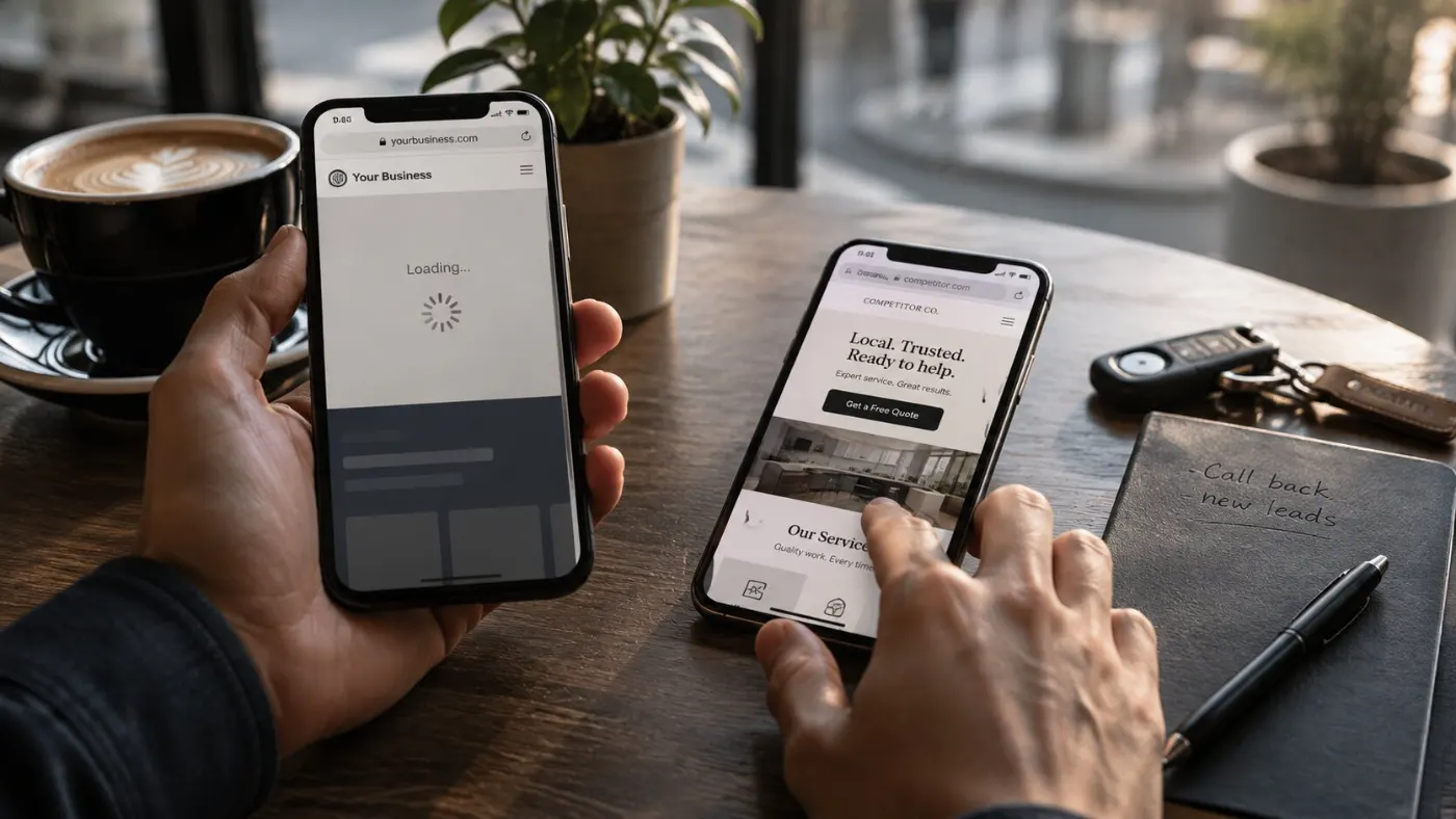 Two phones side by side: one still showing a loading spinner on a small business site, the other already showing a competitor homepage with a get a free quote button