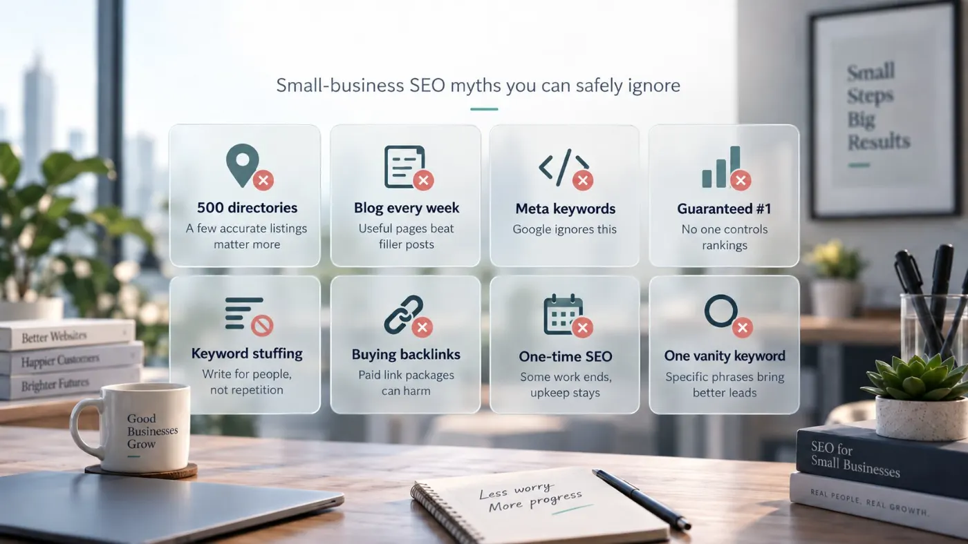 Eight small business SEO myths shown as crossed-out cards: 500 directories, blogging every week, meta keywords, guaranteed number one, keyword stuffing, buying backlinks, one-time SEO, and chasing one vanity keyword