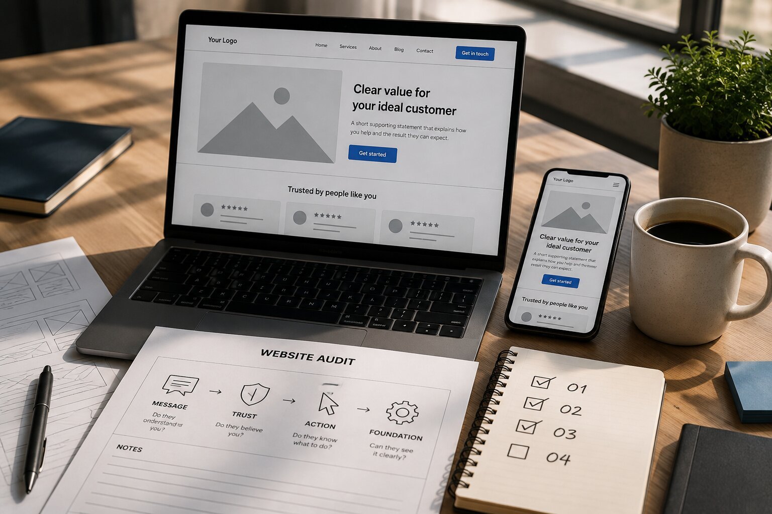A laptop and phone showing a small business homepage wireframe beside a printed website audit sheet reading message, trust, action, foundation