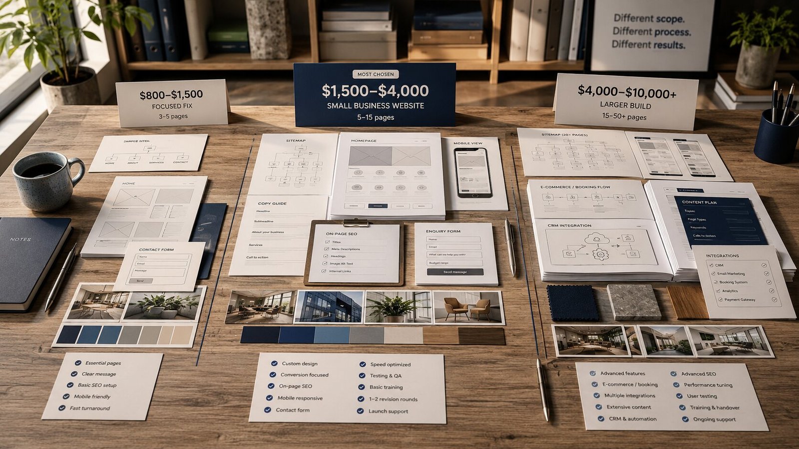 Three small business website redesign quotes laid out on a desk — a focused fix, a most chosen build, and a larger build with the deliverables for each